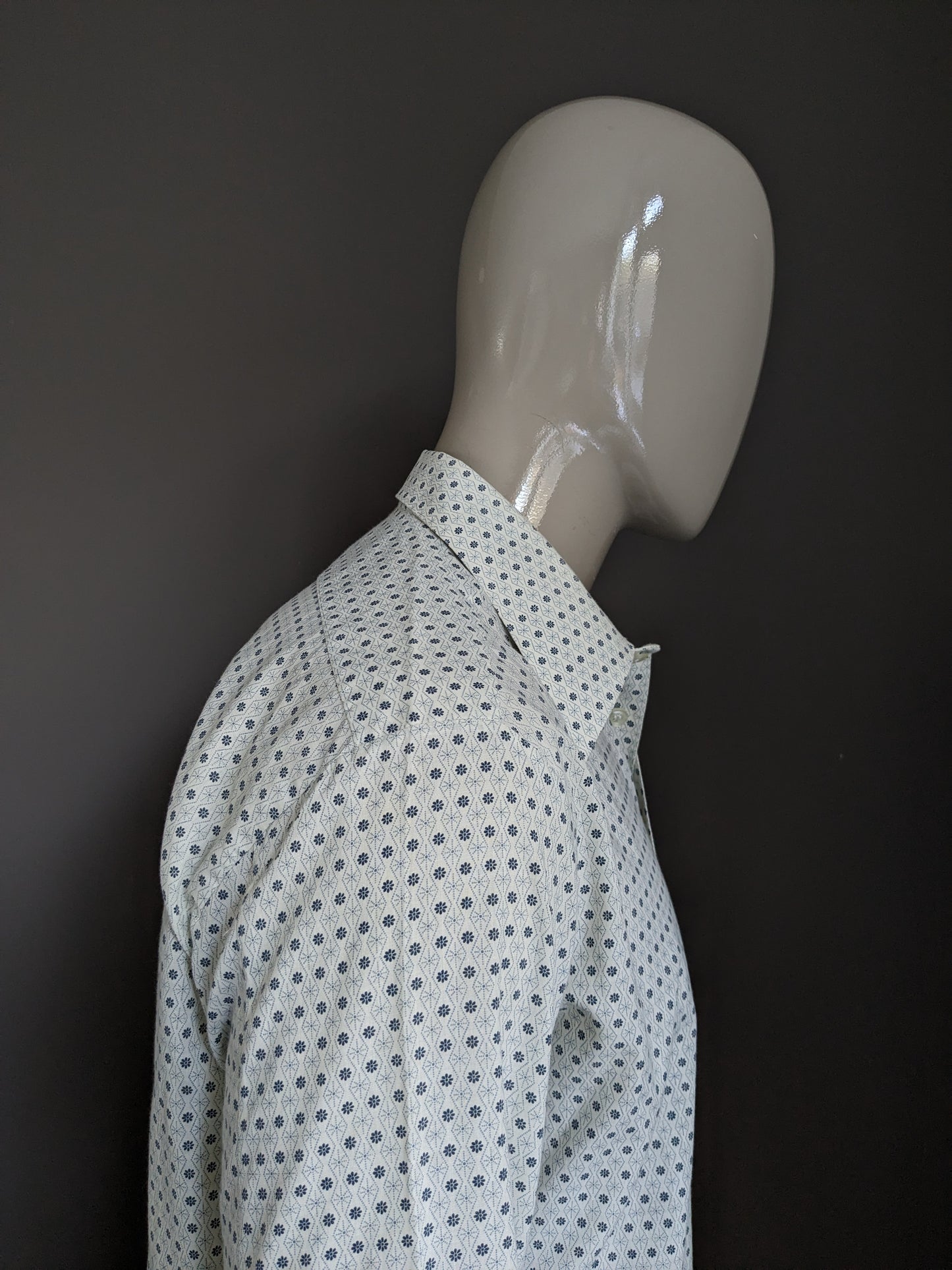 Camisa Vintage Fabio 70 con cuello de punto. Beige gris floral. Tamaño xl.