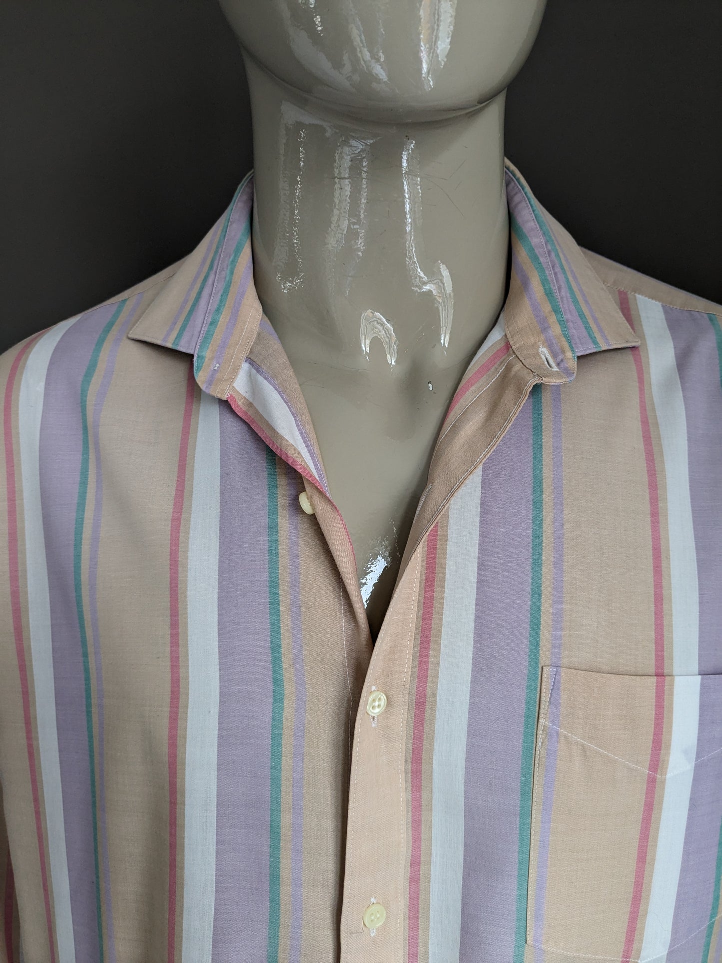 Vintage Wrangler overhemd. Roze Paars Groen Oranje gestreept. Maat XL.