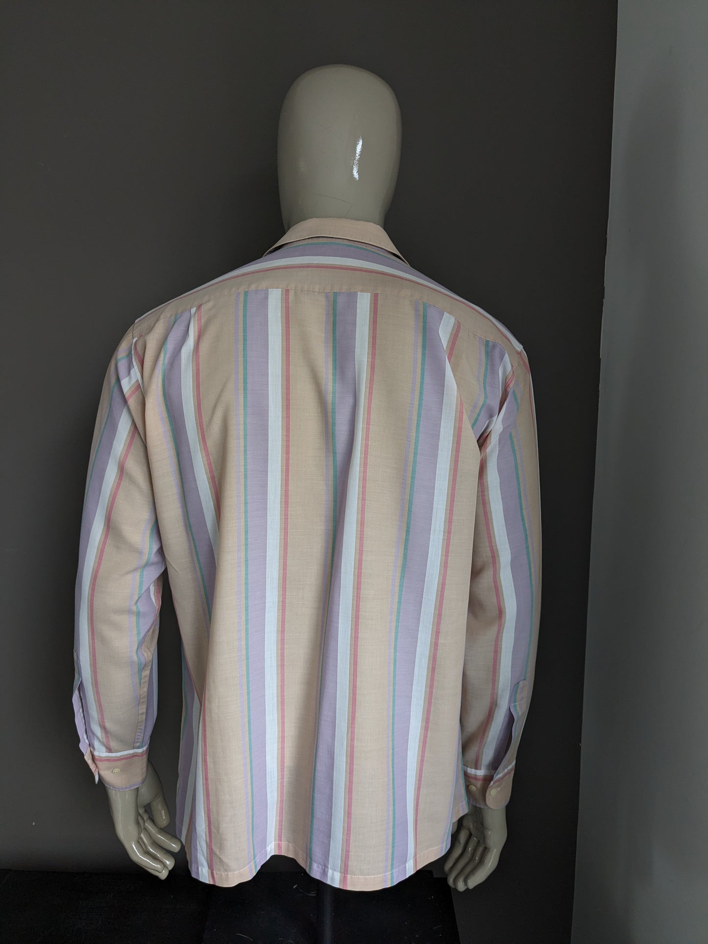 Vintage Wrangler overhemd. Roze Paars Groen Oranje gestreept. Maat XL.