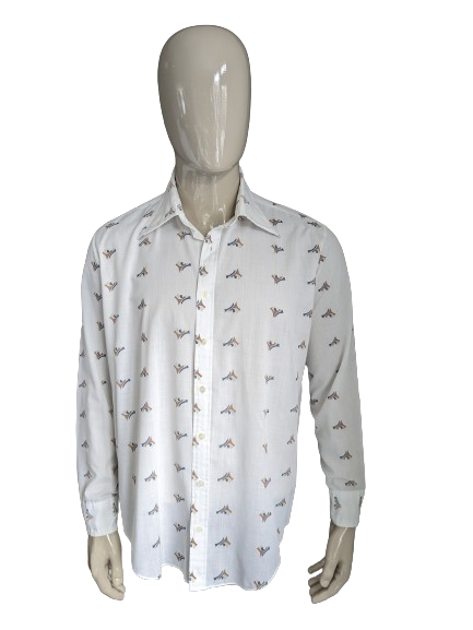 Camicia vintage Pickwick degli anni '70 con colletto punti. Stampa blu marrone bianco. Dimensione 2xl / xxl.