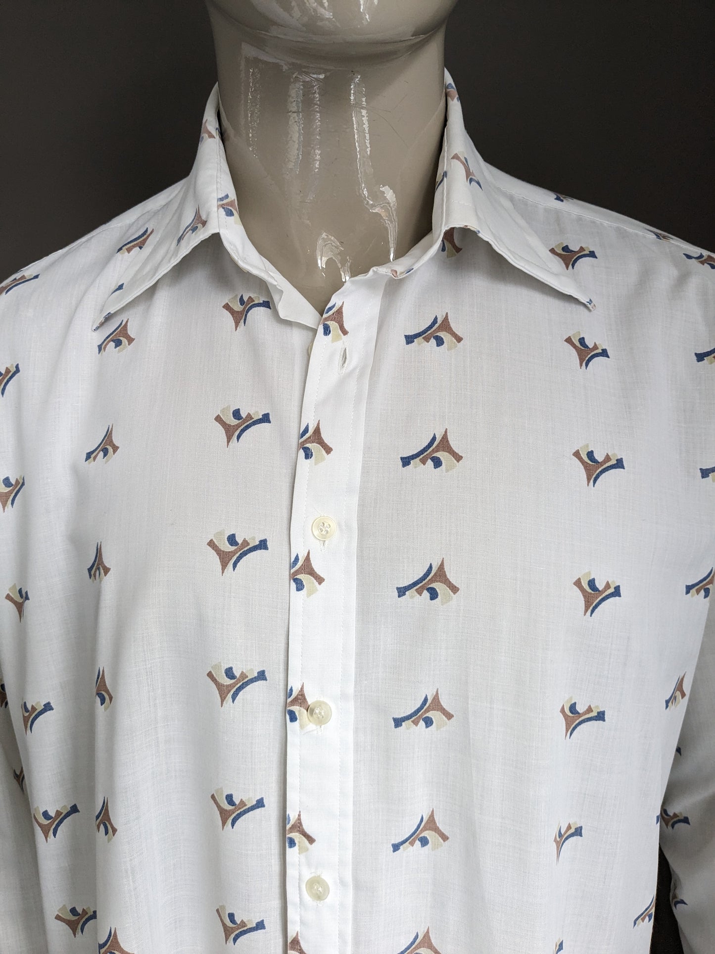 Vintage PickWick 70's overhemd met puntkraag. Wit Bruin Blauwe print. Maat 2XL / XXL.