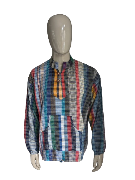 Vintage shirt shirt with Mao / Farmer / Standing Collar. Colored motif. Size 2XL / XXL.