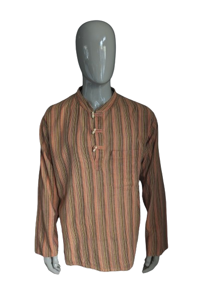 Vintage Coline shirt shirt with Mao / Farmer / Standing Collar. Orange red yellow black striped. Size XL.
