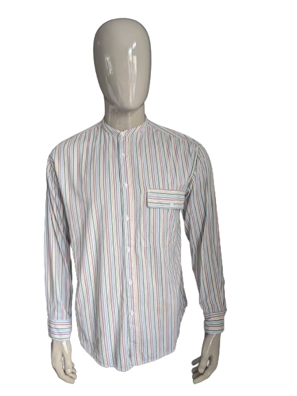 Vintage McBlue shirt with Mao / Farmer / Standing Collar. Yellow green red blue striped. Size XL.