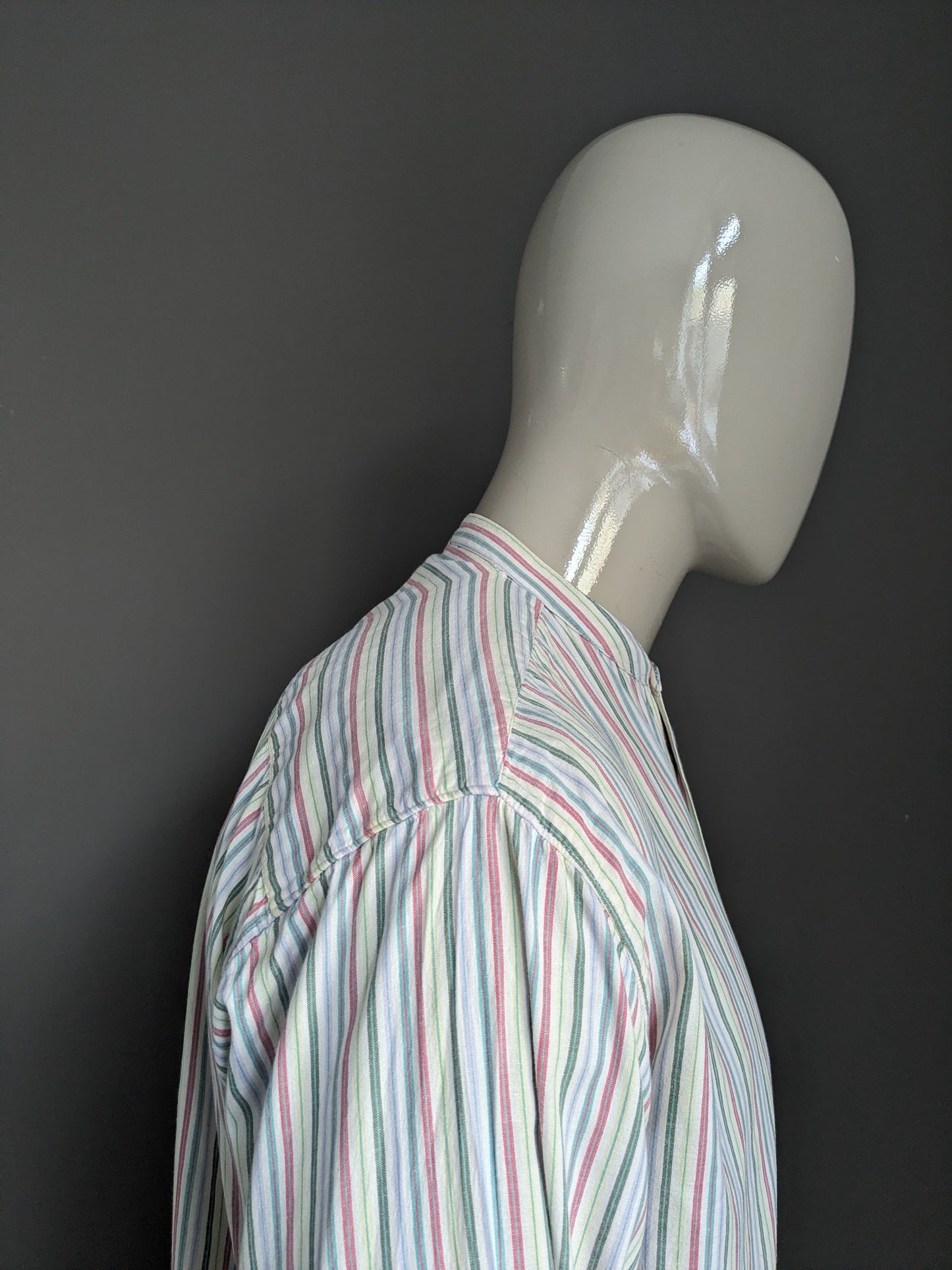 Vintage McBlue shirt with Mao / Farmer / Standing Collar. Yellow green red blue striped. Size XL.