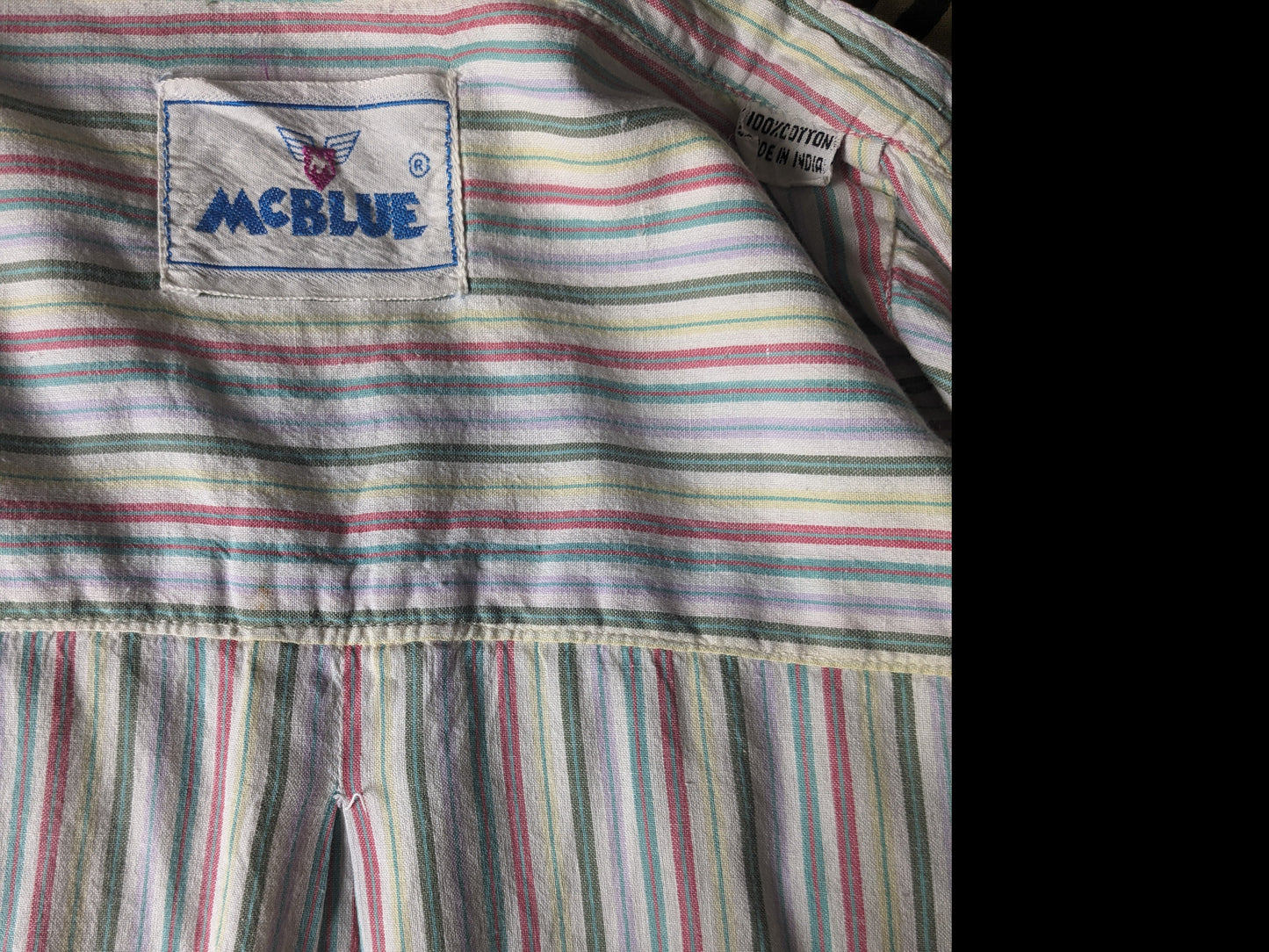 Vintage McBlue overhemd met mao / boeren- / opstaande kraag. Geel Groen Rood Blauw gestreept. Maat XL.