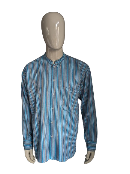 Camicia vintage con MAO / agricoltore / colletto in piedi. Strisce giallo rosso viola blu. Taglia XL.