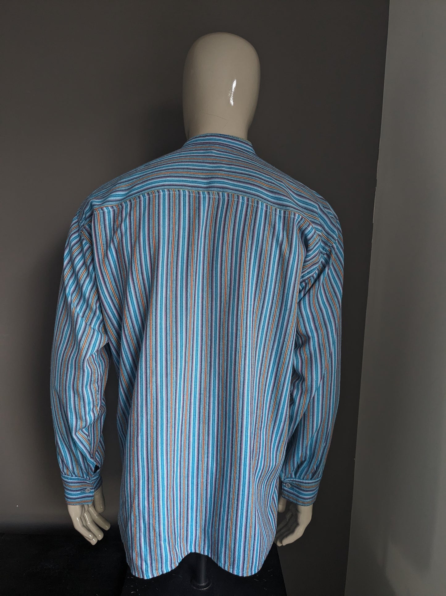 Vintage shirt with Mao / Farmer / Standing Collar. Blue purple red yellow striped. Size XL.
