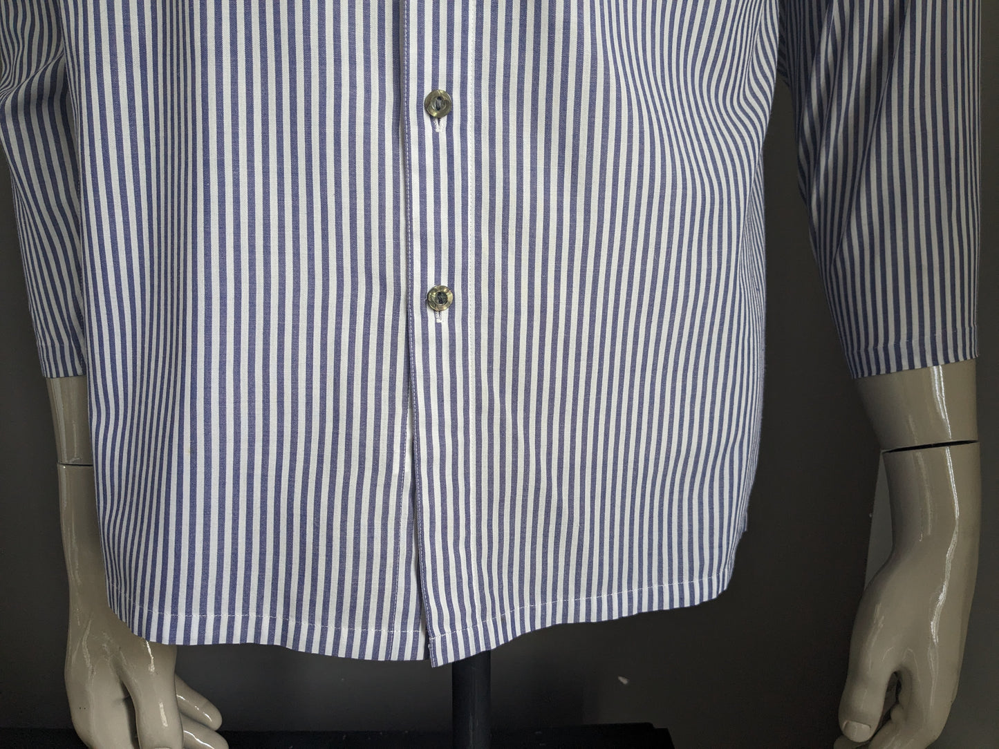 Vintage Kings Pride Shirt avec mao / agriculteurs / collier debout. Blanc bleu rayé. Taille L.