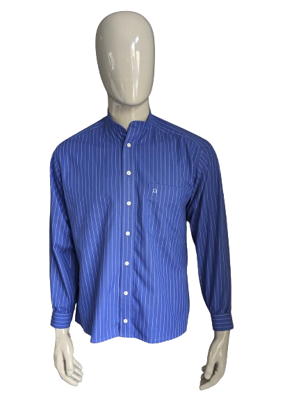 Vintage Olymp Luxor shirt with Mao / Farmer / Standing Collar. Blue white striped. Size L.