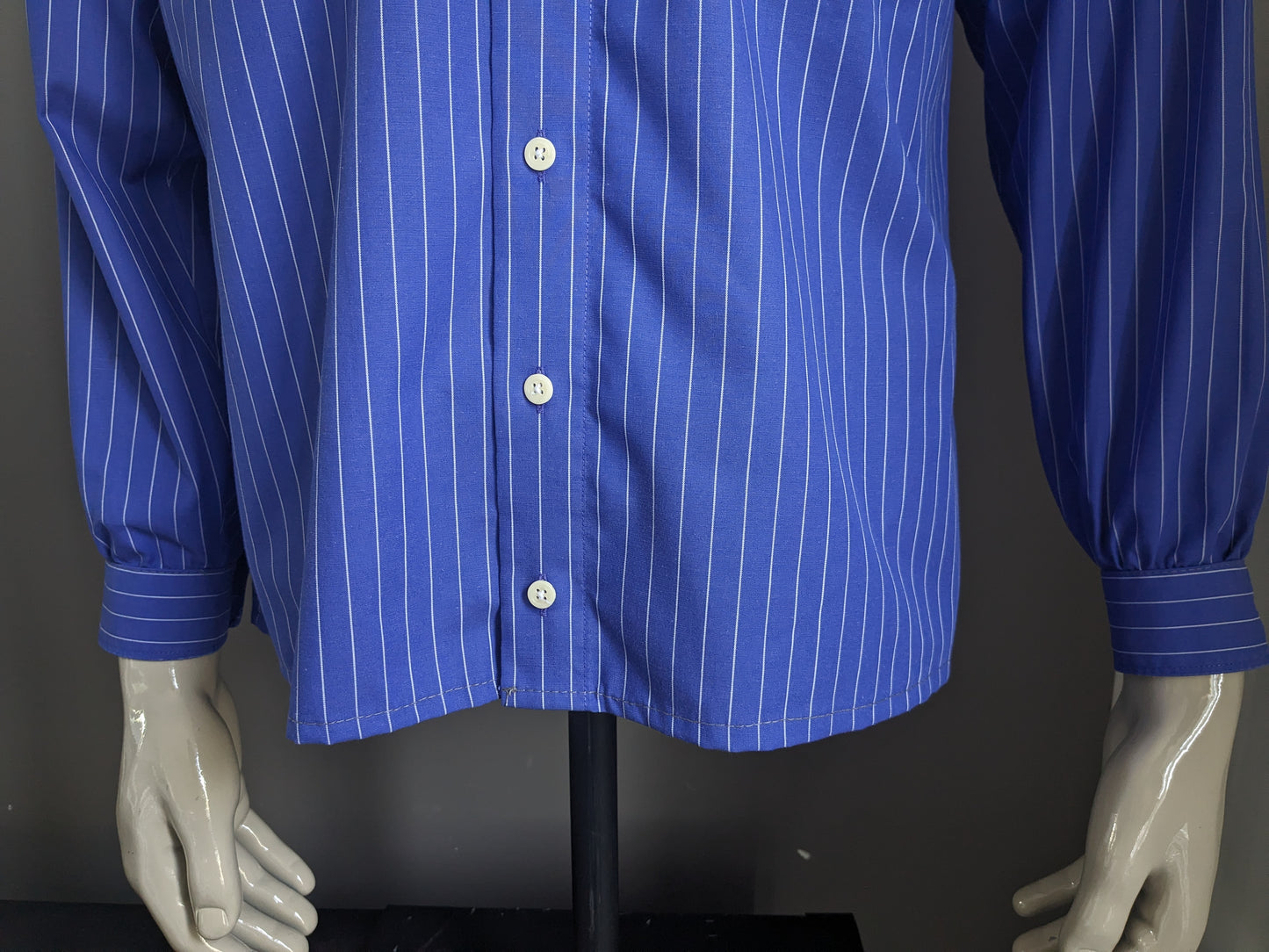 Camicia Luxor Olymping vintage con Mao / Farmer / Collar in piedi. Strisce bianche blu. Taglia L.