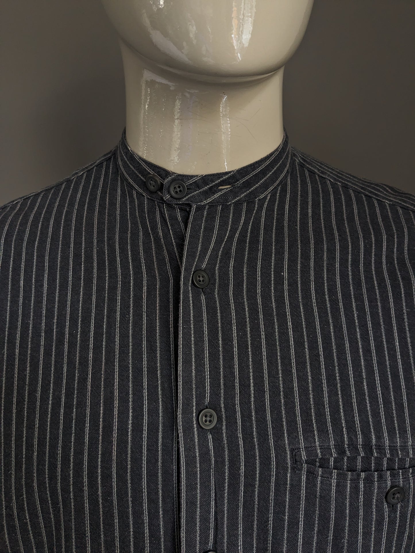 Vintage Boss Hugo Boss shirt with Mao / Farmers / Standing Collar. Black and white striped. Size M / L.
