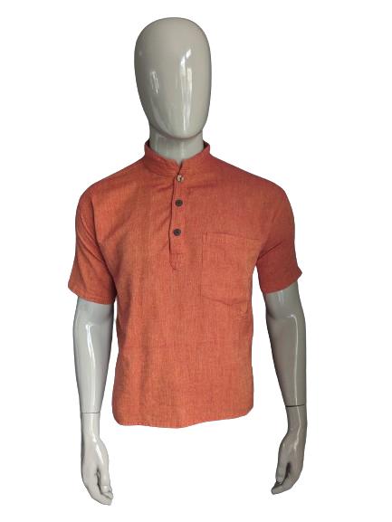 Le Grenier de Katmendou Shirt with Mao / Farmers / Standing Collar. Orange red mixed. Size L.