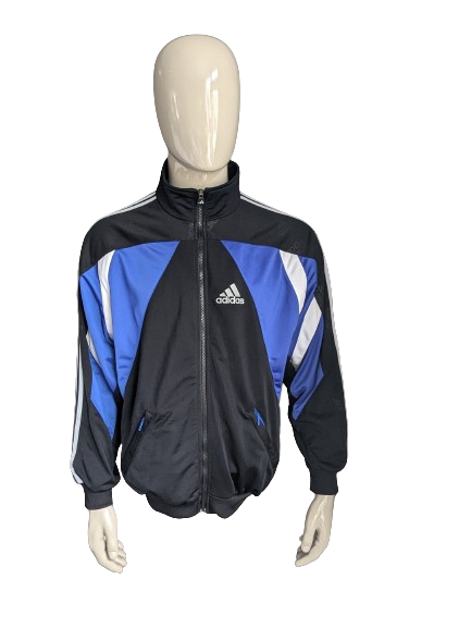 Vintage 80's-90's Adidas sport jack. Blauw Wit Zwart gekleurd. Maat XL.