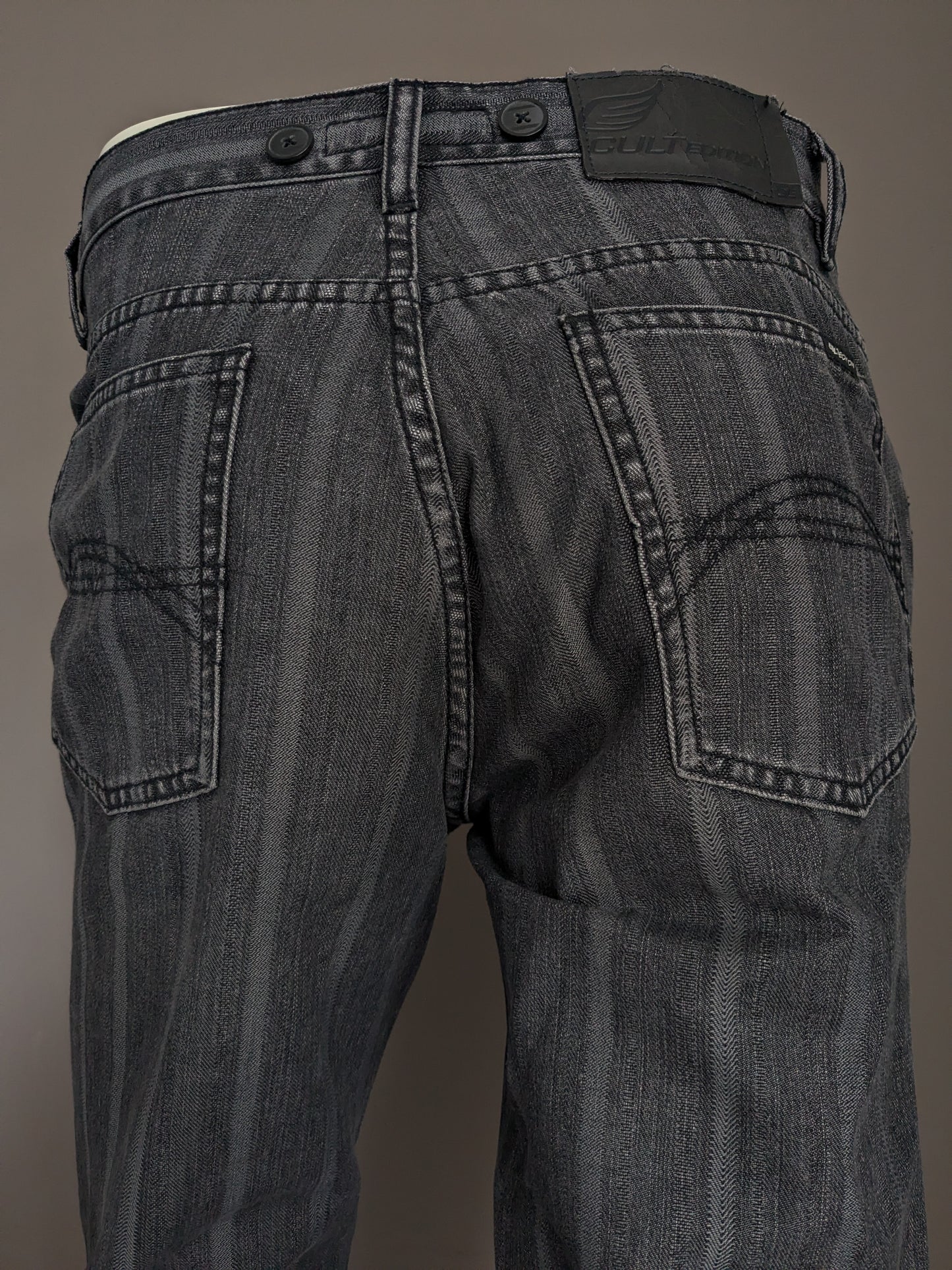 Cult Edition Jeans with suspenders applications. Gray black striped. Size W32 - L28.