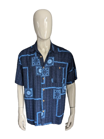 Vintage Puritan 80s-90s Shirt short sleeve. Blue print. Size L / XL.