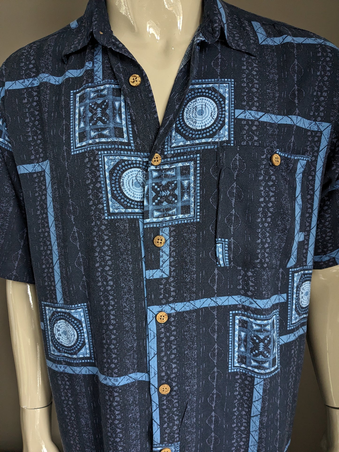 Vintage Puritan 80's-90's overhemd korte mouw. Blauw print. Maat L / XL.