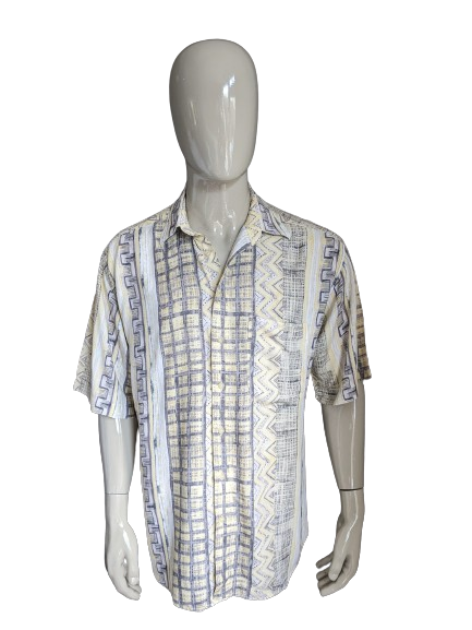 Vintage 80's - 90's Club Damingo overhemd korte mouw. Geel Beige Bruine print. Maat XL.