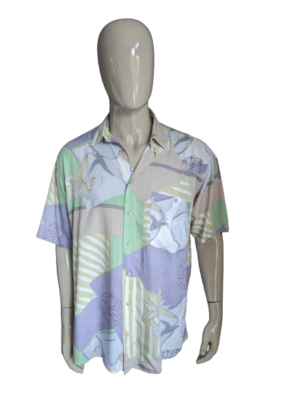 Shirt cotta di Casa Moda vintage. Stampa gialla verde viola. Dimensione 2xl / xxl.