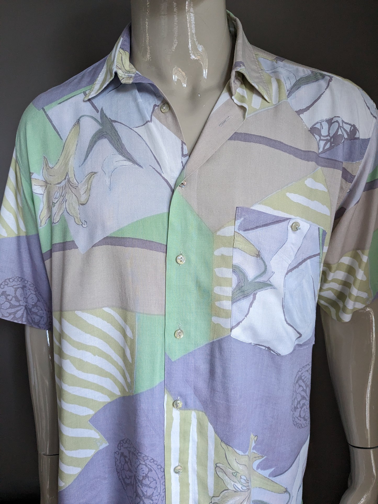 Vintage Casa Moda Shirt short sleeve. Purple green yellow print. Size 2XL / XXL.