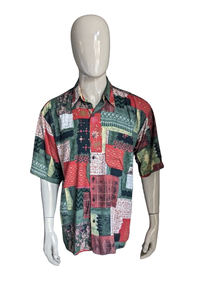 Vintage anni '80 - manica corta della camicia degli anni '90. Stampa verde rosso. Taglia XL.