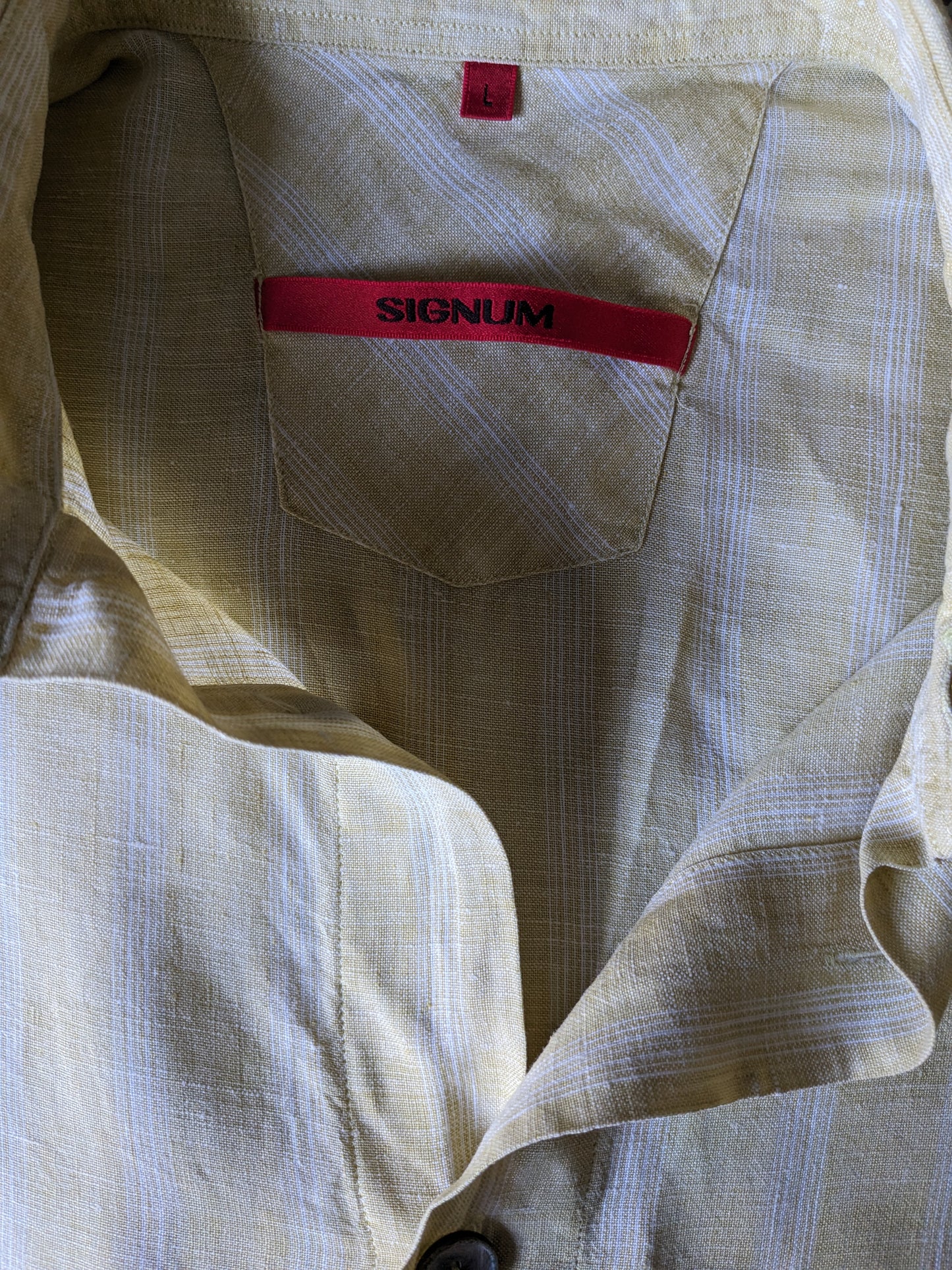 Camicia corta vintage in lino. Pulsanti più grandi. A scacchi giallo bianco. Taglia L / XL.