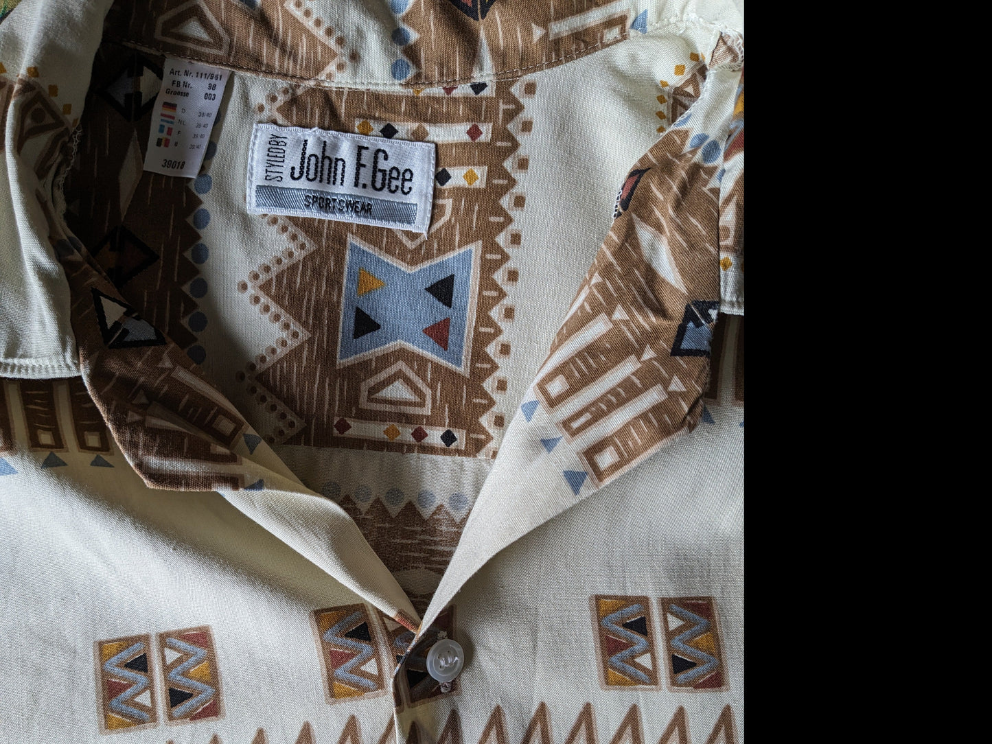 Vintage John F Gee overhemd korte mouwen. Beige Bruin Geel Blauwe print. Maat XL.