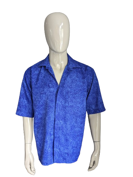 Camisa de seda de paita vintage manga corta. Azul mezclado. Tamaño xl.