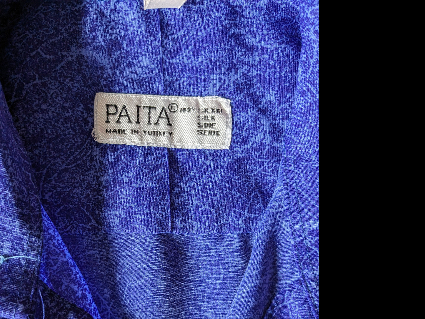 Camisa de seda de paita vintage manga corta. Azul mezclado. Tamaño xl.