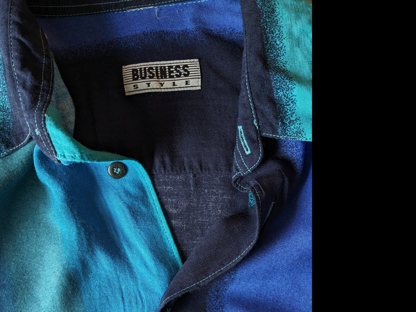 Vintage 80's-90's Business Style overhemd korte mouw. Blauwe print. Maat L.