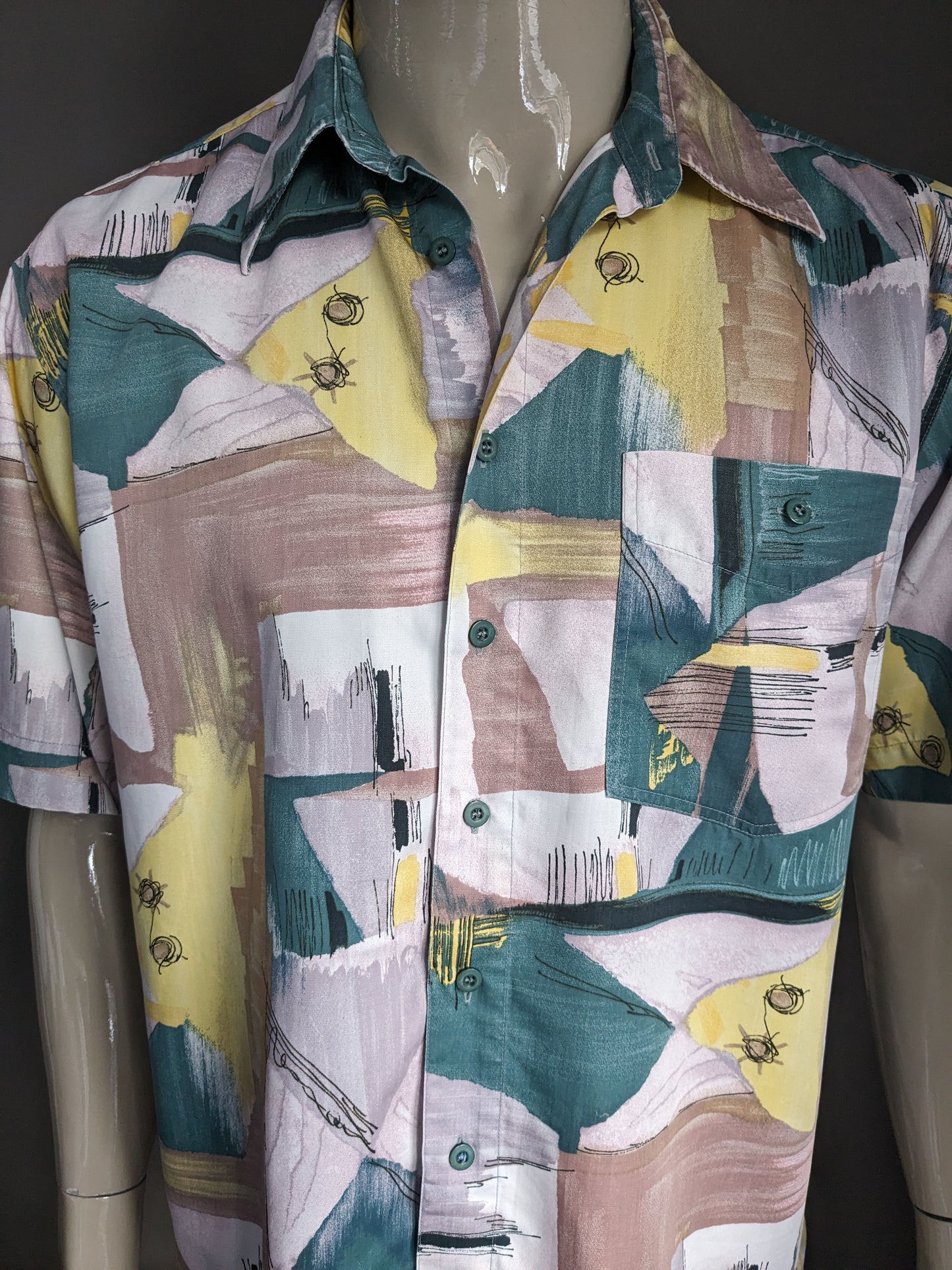 Shirta corta vintage 80s-90s Ladodo. Stampa marrone verde giallo viola. Taglia XL.
