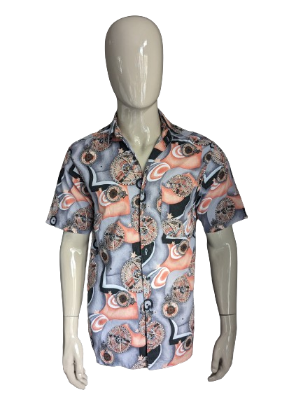 Vintage 80's-90's Men's Company overhemd korte mouw. Oranje Grijs Zwarte print. Maat M.