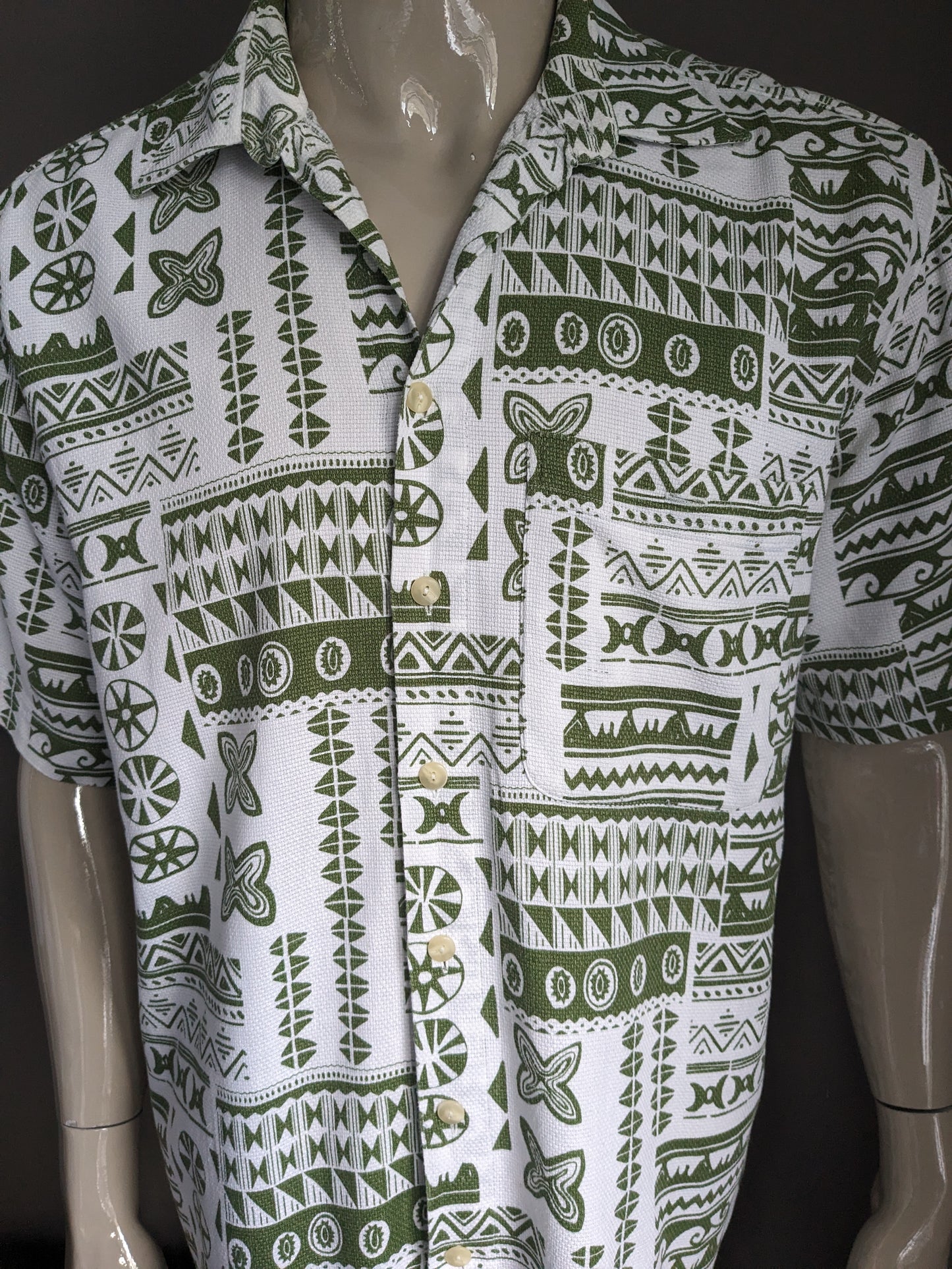 Vintage Dornbusch overhemd korte mouw. Groen Witte print. Maat XL.