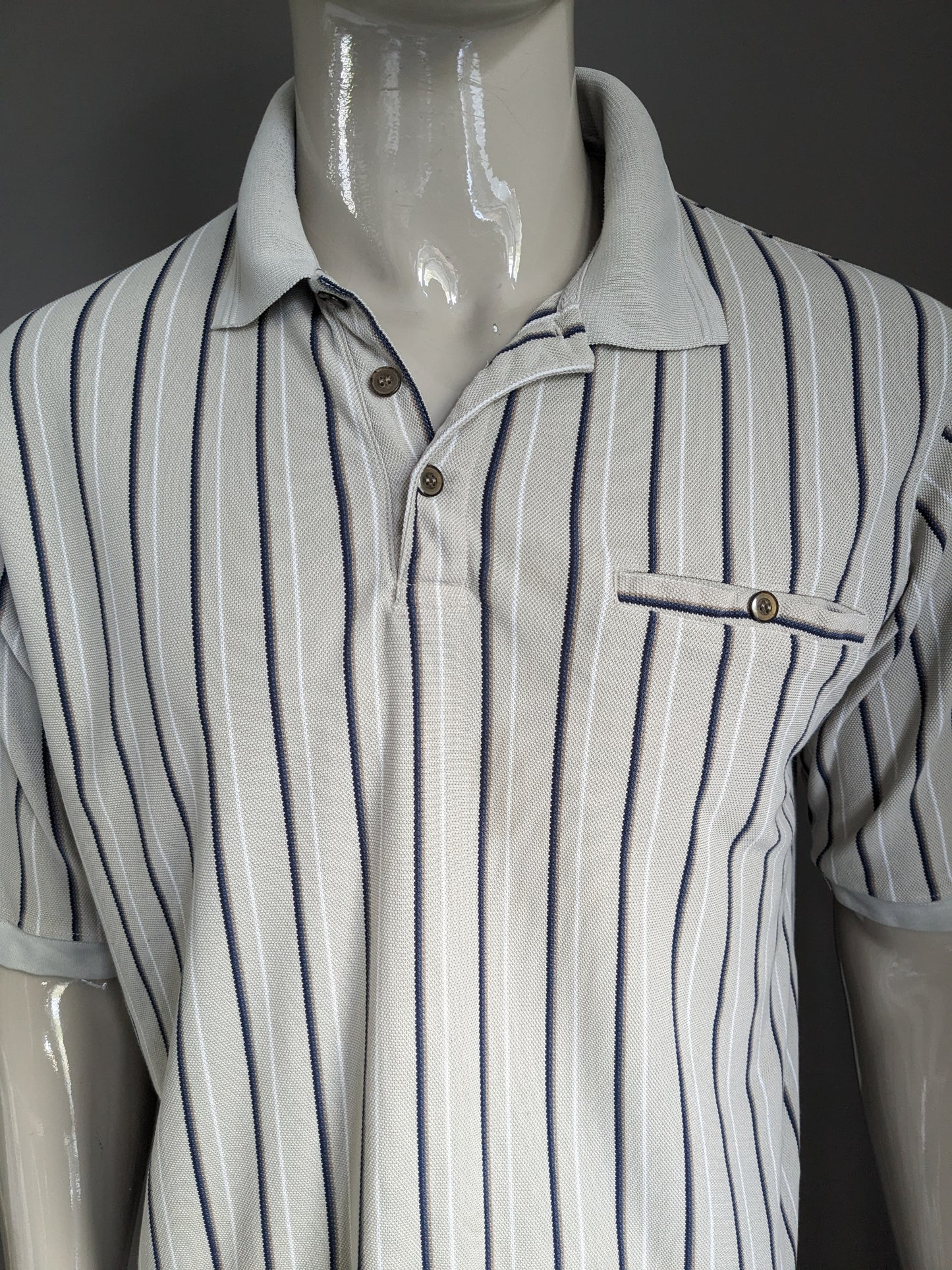 Vintage polo with elastic band. Beige white blue striped. Size L.