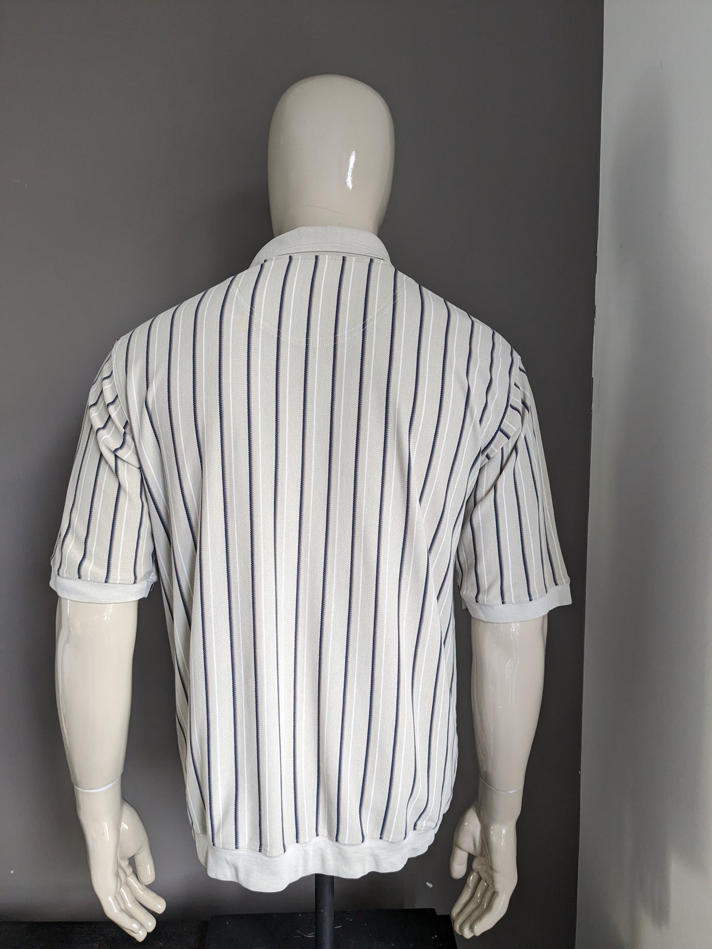 Vintage polo with elastic band. Beige white blue striped. Size L.