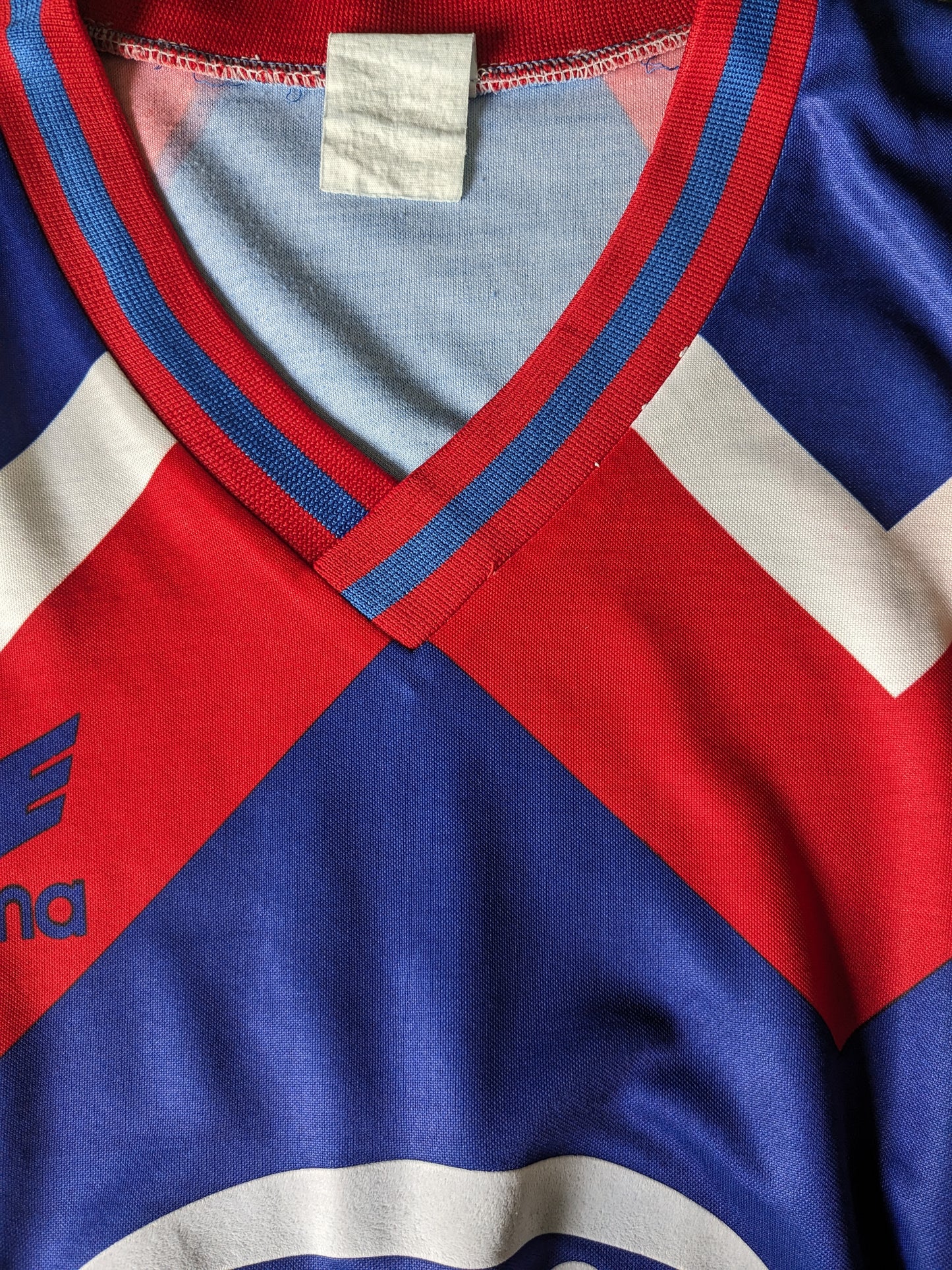 Chemise de sport Erima vintage avec col en V. Rouge bleu rouge couleur. Taille xl.