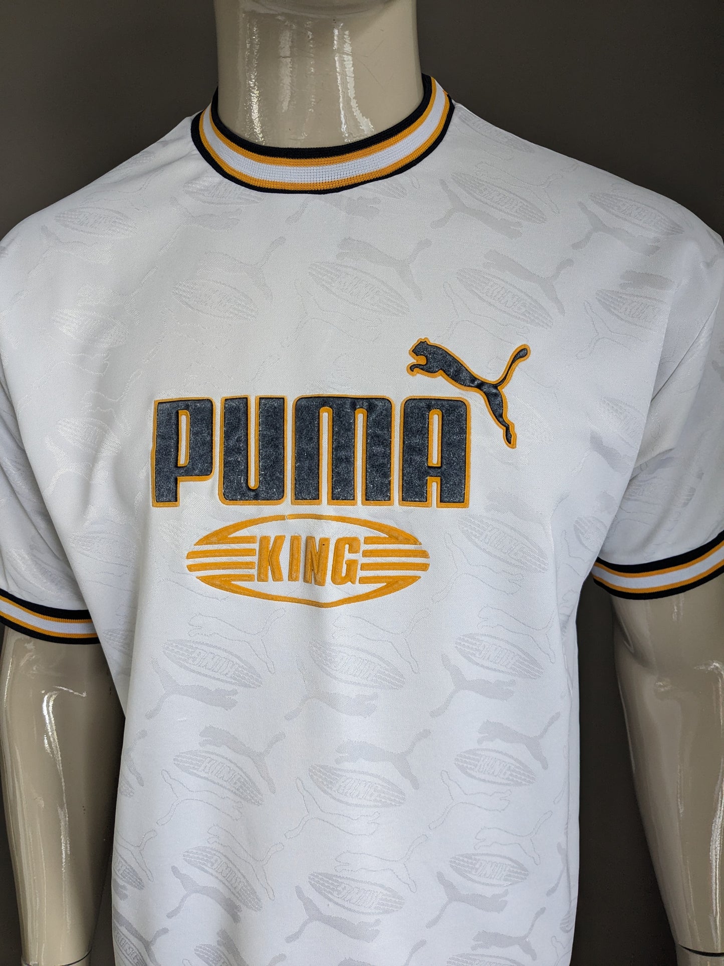 Camicia puma sportiva vintage. Bianco blu giallo con stampa. Taglia L.