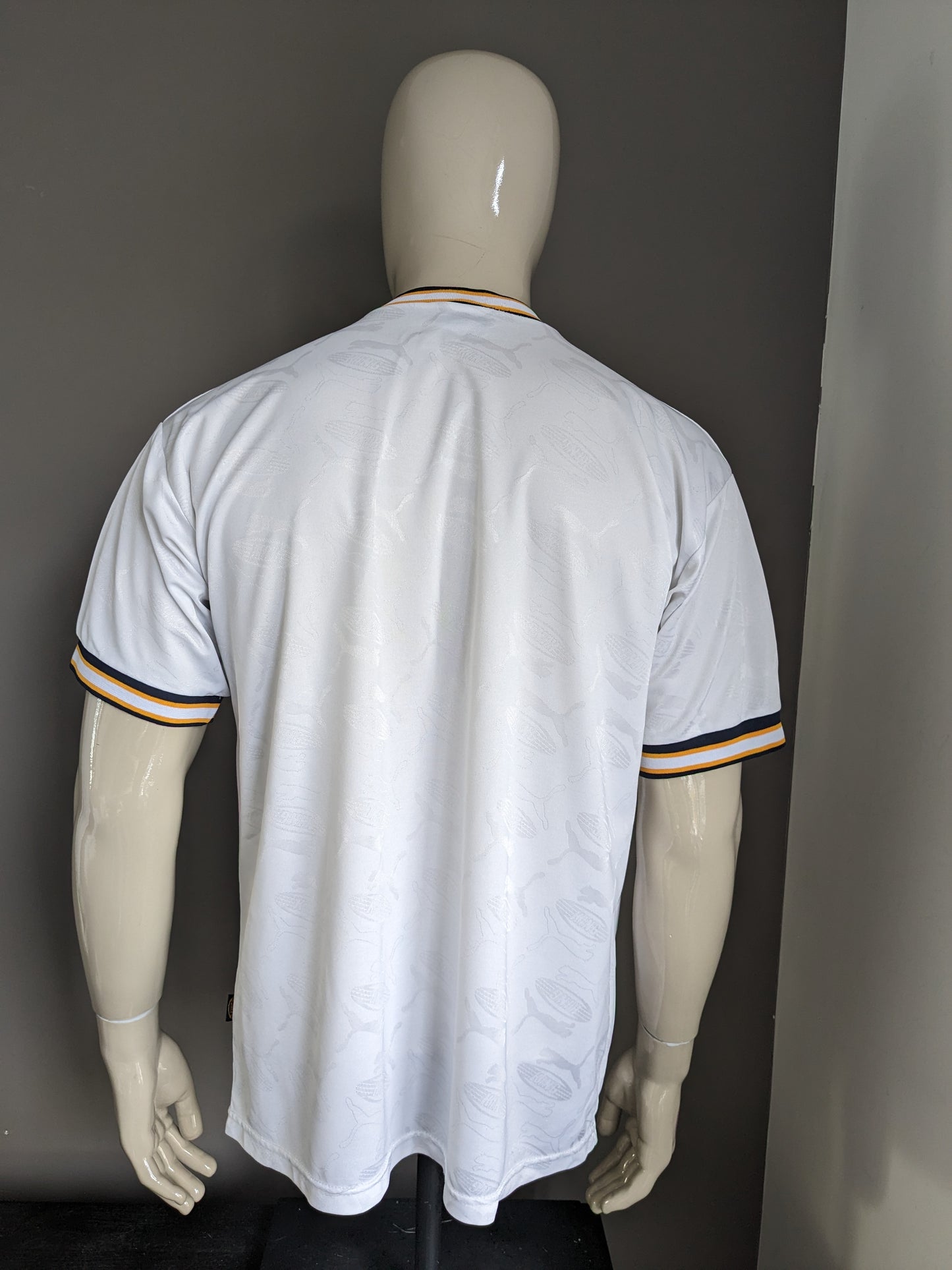 Camicia puma sportiva vintage. Bianco blu giallo con stampa. Taglia L.