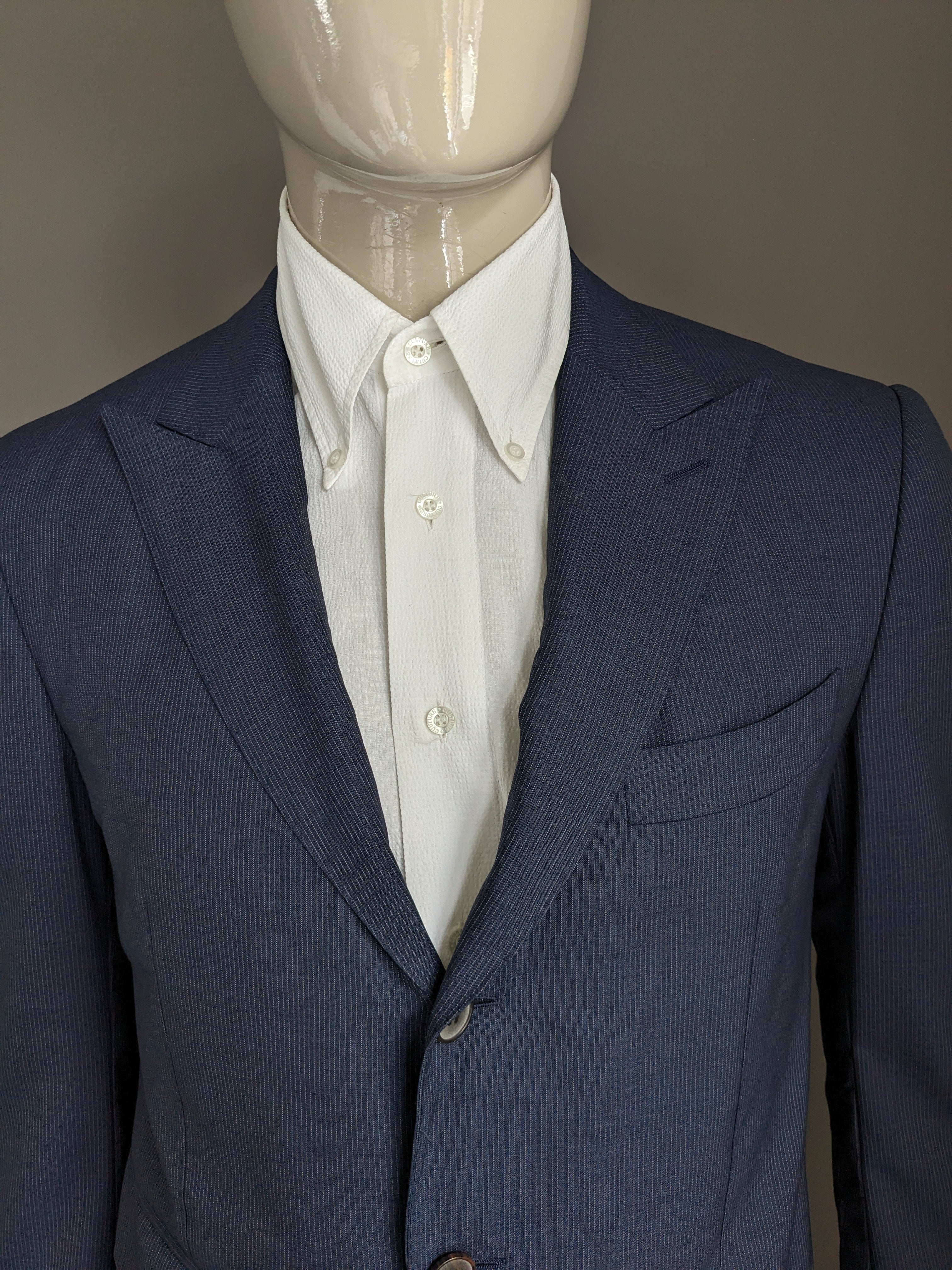 Suitsupply Super 120 s Wollen colbert. Blauw Wit gestreept. Maat 52 EcoGents