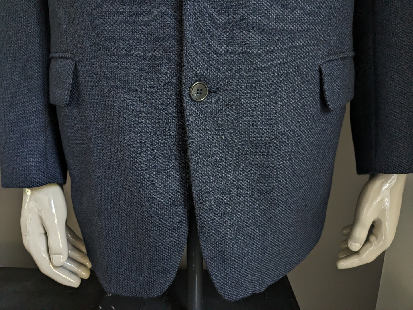 Giacca vintage di lana Kreymburg. Blu nero miscelato. Dimensione 27 (54 / L).