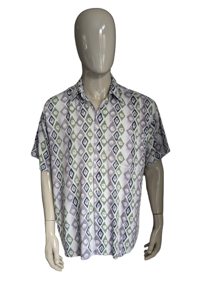 Vintage 80er - 90er J.T.S.L. Kurzarmhemd. Lila Grün Blauer Druck. Größe XL.