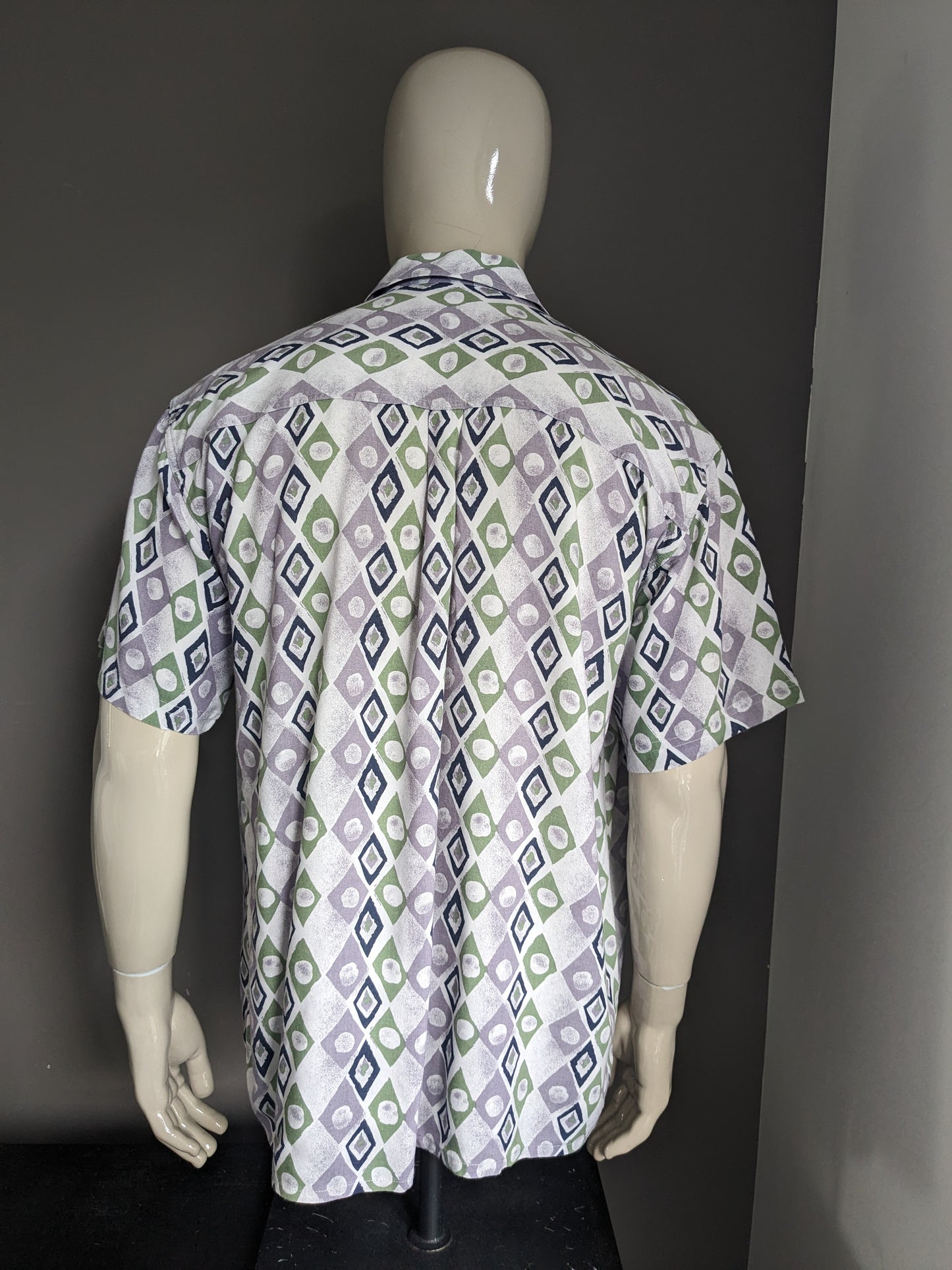 Vintage 80's - 90's J.T.S.L. overhemd korte mouw. Paars Groen Blauwe print. Maat XL.