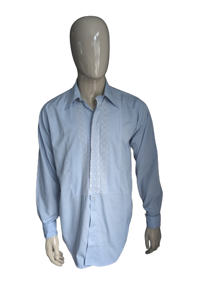 Vintage 70's Carson overhemd met puntkraag. Licht Blauw Wit gekleurd. Maat XL. type Manchetknoop