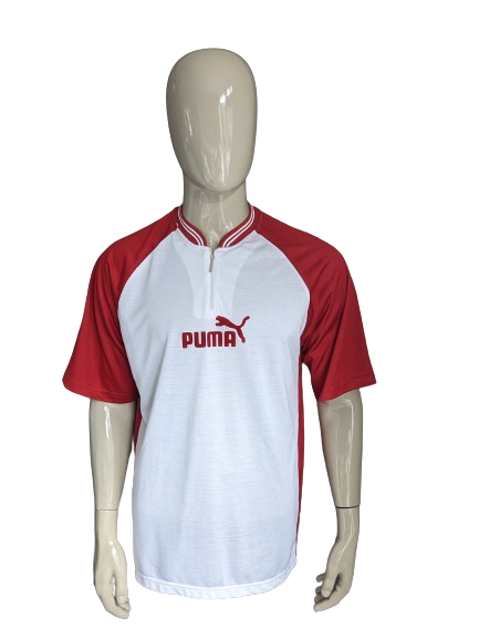Vintage Puma sport shirt met rits. Rood Wit gekleurd. Maat XL.