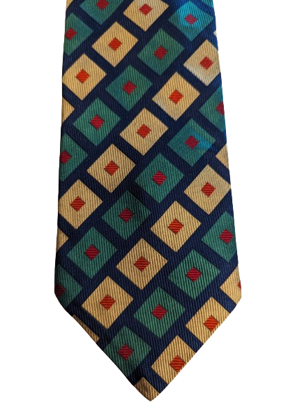 cravate de créateur Aquascutum en soie vintage. Motif vert bleu rouge.