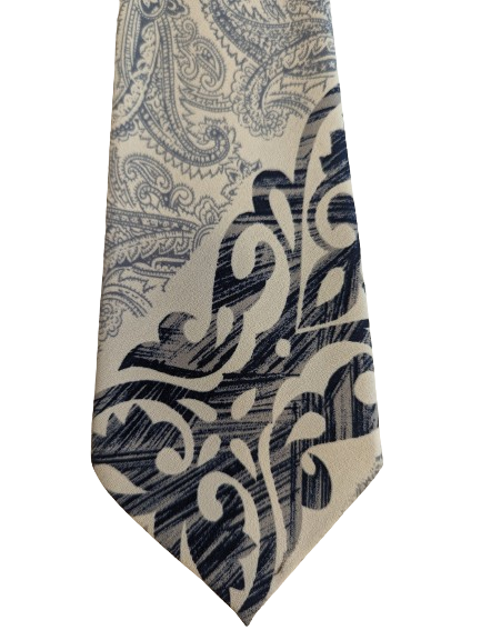 Handgefertigte Polyester-Krawatte von Vintage Brother. Blaugraues hellbraunes Motiv.