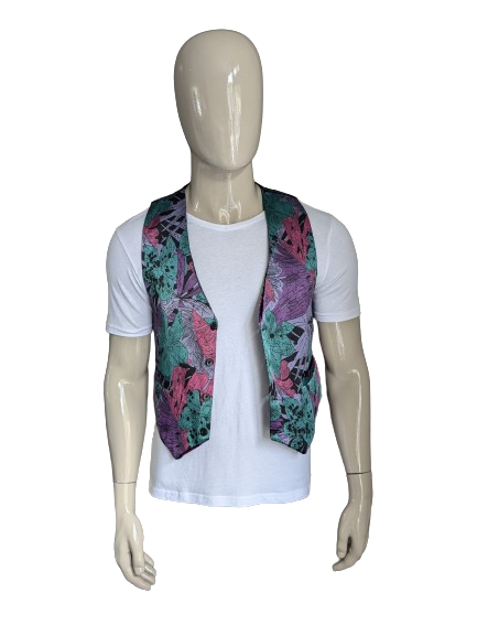 Gilet vintage. Imprimé violet vert rose. Taille S.