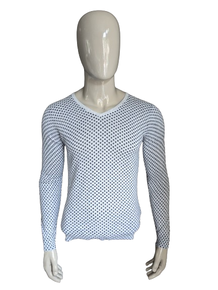 Jersey fino de Scotch & Soda. Estampado de círculos en color gris azul. Talla S.
