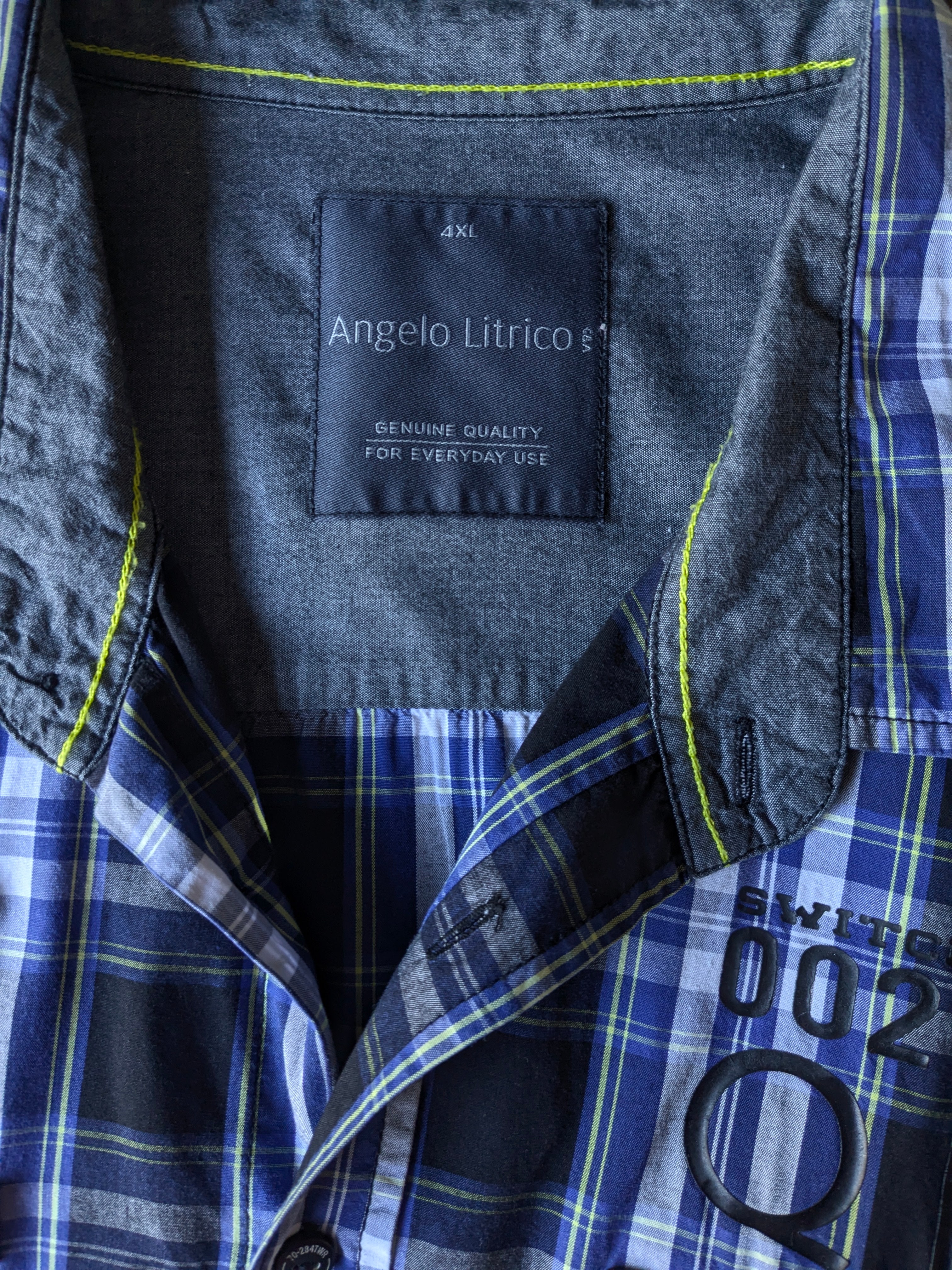 Angelo Litrico overhemd korte mouw. Blauw geel zwart geruit. Maat 4XL. EcoGents