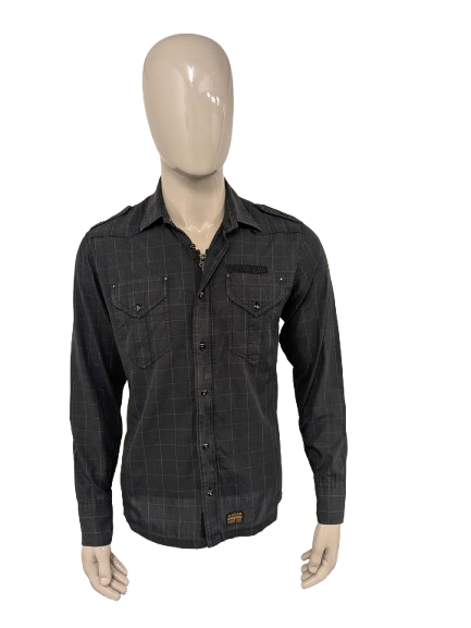 G-Star RAW shirt with zipper and buttons. Black Gray checkered. Size L.